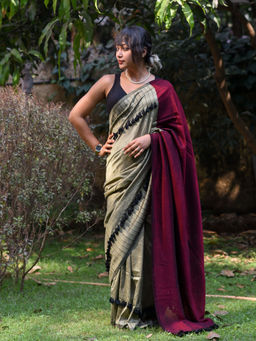 Suta - Beige Colorblock Woven Design Cotton Blend Saree