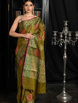 Beatitude - Deep Olive Shade Desi Tussar Banarasi Handwoven Saree with Unstitched Blouse