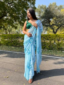 Odette - Blue Chiffon Silk Saree with Unstitched Blouse