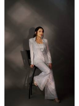 ITRH - Silver Boxy Crystal Studded Single Button Blazer And Wide Legged Pants