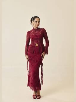 Lea Clothing - Santorini Burgundy Lace Jacket Top and Skirt