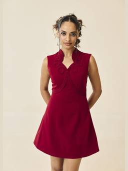 Lea Clothing - Red Adeline Crimson Cord Embroidered Mini Dress