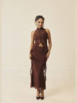Lea Clothing - Santorini Espresso Lace Frog-Button Jacket Top and Skirt