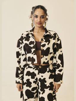 Lea Clothing - Bessie Cow-Print Cropped Twill Jacket