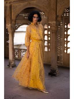 dash and dot - Mustard Printed Organza Maxi Skirt