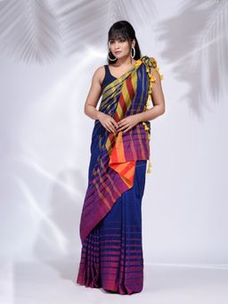 CHARUKRITI - Royal Blue Pure Cotton Handwoven Saree with Stripe Border with Unstitched Blouse