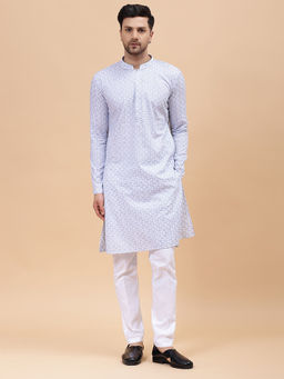 See Designs - Men White & Grey Pure Cotton Embroidered Straight Kurta