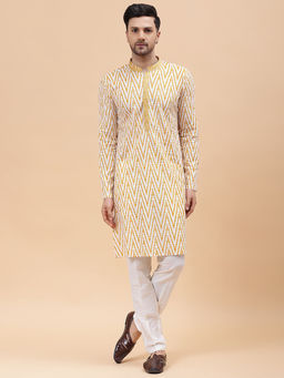 See Designs - Men Off White & Mustard Pure Cotton Embroidered Straight Kurta