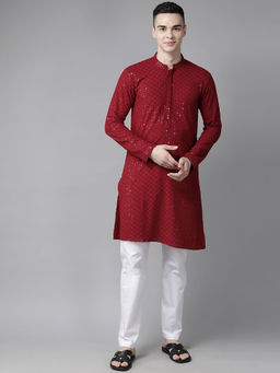 See Designs - Men Maroon Embroidered Sequined Rayon Kurta