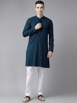 See Designs - Men Teal Blue Embroidered Sequined Rayon Kurta