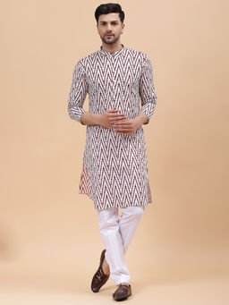 See Designs - Men Off White & Maroon Pure Cotton Printed Straight Kurta