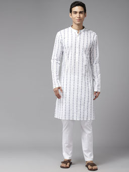 See Designs - Men White & Blue Pure Cotton Embroidered Straight Kurta