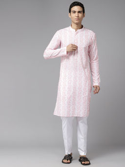See Designs - Men White & Red Pure Cotton Embroidered Straight Kurta