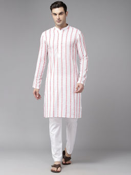 See Designs - Men White & Pink Pure Cotton Embroidered Straight Kurta