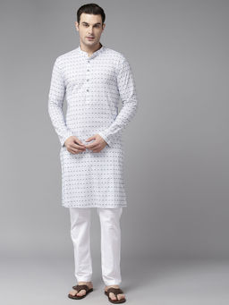 See Designs - Men White & Blue Pure Cotton Embroidered Straight Kurta