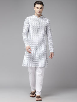 See Designs - Men White & Blue Pure Cotton Embroidered Straight Kurta
