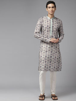 See Designs - Men Blue Pure Cotton Embroidered Straight Kurta