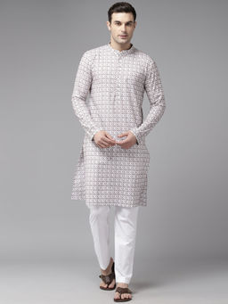 See Designs - Men Off White & Brown Pure Cotton Embroidered Straight Kurta