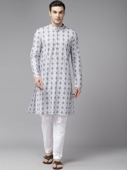 See Designs - Men Off White & Blue Pure Cotton Embroidered Straight Kurta