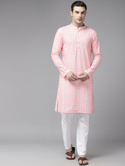 See Designs - Men White & Pink Pure Cotton Embroidered Straight Kurta