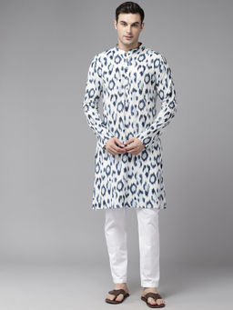 See Designs - Men White & Blue Pure Cotton Printed Straight Kurta