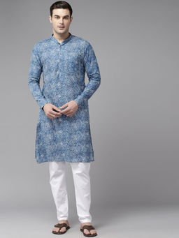 See Designs - Men Blue Pure Cotton Printed Straight Kurta