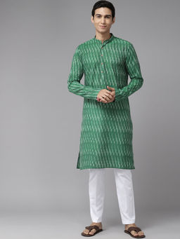 See Designs - Men Green & White Pure Cotton Printed Straight Kurta