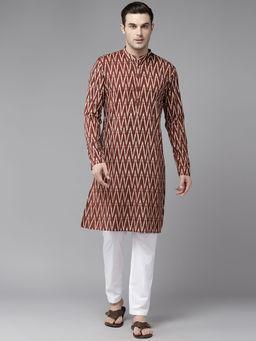 See Designs - Men Maroon & White Pure Cotton Printed Straight Kurta