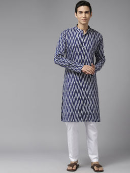 See Designs - Men Navy Blue & White Pure Cotton Printed Straight Kurta