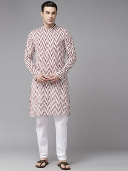 See Designs - Men Off White & Maroon Pure Cotton Printed Straight Kurta