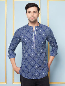 See Designs - Men Blue & White Printed Cotton Short Kurta