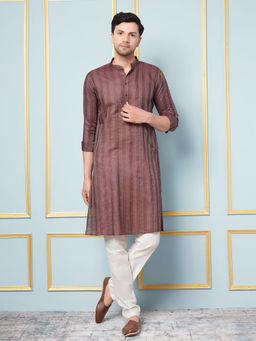 See Designs - Men Coffee & Gold Woven Design Thread Work Kurta