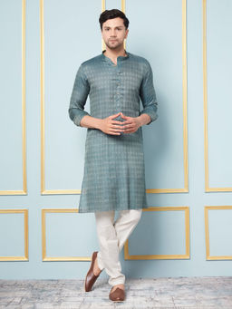 See Designs - Men Green & Gold Woven Design Thread Work Kurta