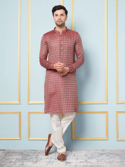 See Designs - Men Burgundy & Gold Woven Design Thread Work Kurta