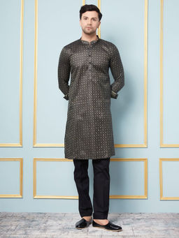 See Designs - Men Black & Green Woven Design Thread Work Kurta