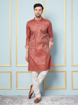 See Designs - Men Maroon Woven Design Thread Work Kurta