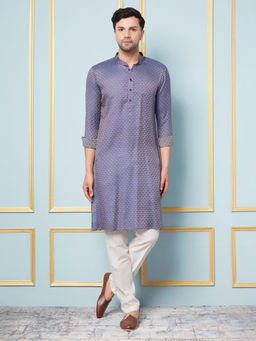 See Designs - Men Navy Blue & Gold Woven Design Thread Work Kurta