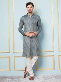 See Designs - Men Teal & Gold Woven Design Thread Work Kurta