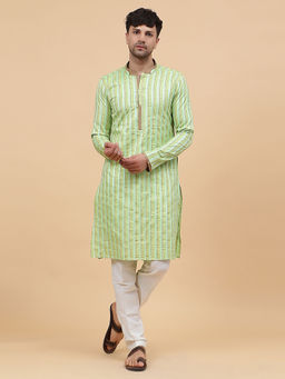 See Designs - Men Lime Green Silk Woven Design Stripes Kurta