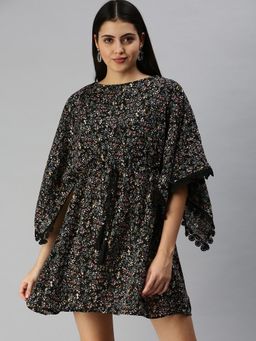 SHOWOFF - Women Black Floral Boat Neck Dress