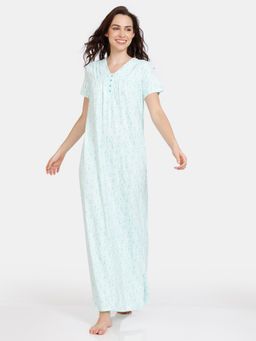 Zivame - Country Songs Knit Cotton Full Length Nightdress - Bay-Green