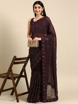 VAIRAGEE - Wine Floral Embroidered Georgette Celebrity Saree with Unstitched Blouse
