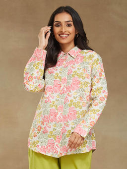 Fabindia - White Linen Blend Floral Printed Casual Shirt