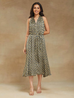 Fabindia - Blue Rayon Blend Ajrakh Printed Midi Dress with Belt (Set of 2)