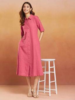 Fabindia - Pink Cotton Calf Length Midi Dress