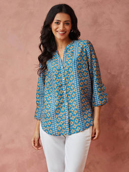 Fabindia - Blue Rayon Blend Printed Shirt