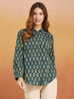 Fabindia - Green Cotton Printed Shirt
