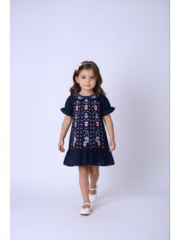 Bella Moda - Blue Cotton Puff Sleeve Strawberry Embroidered A Line Dress