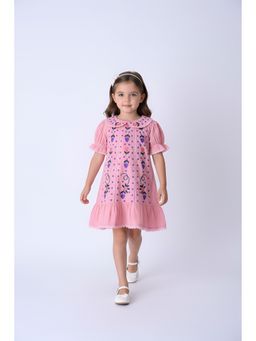 Bella Moda - Pink Cotton Puff Sleeve Strawberry Embroidered A Line Dress