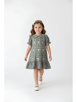 Bella Moda - Grey Cotton Puff Sleeve Strawberry Embroidered A Line Dress